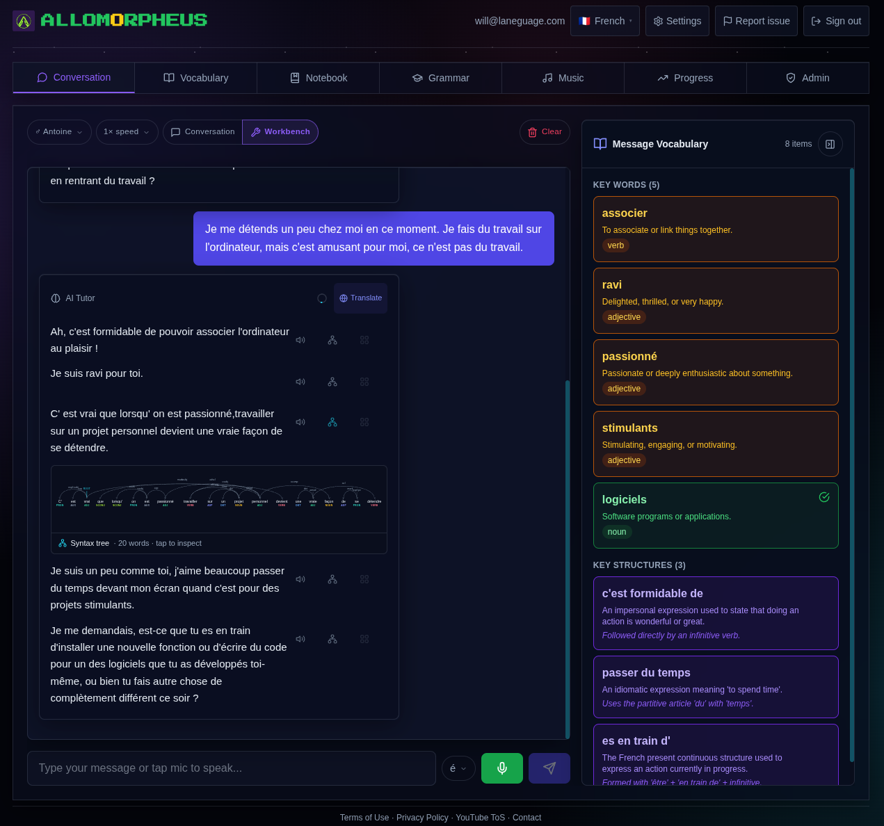 Allomorpheus AI conversation tutor in French with syntax tree and key-word vocabulary sidebar