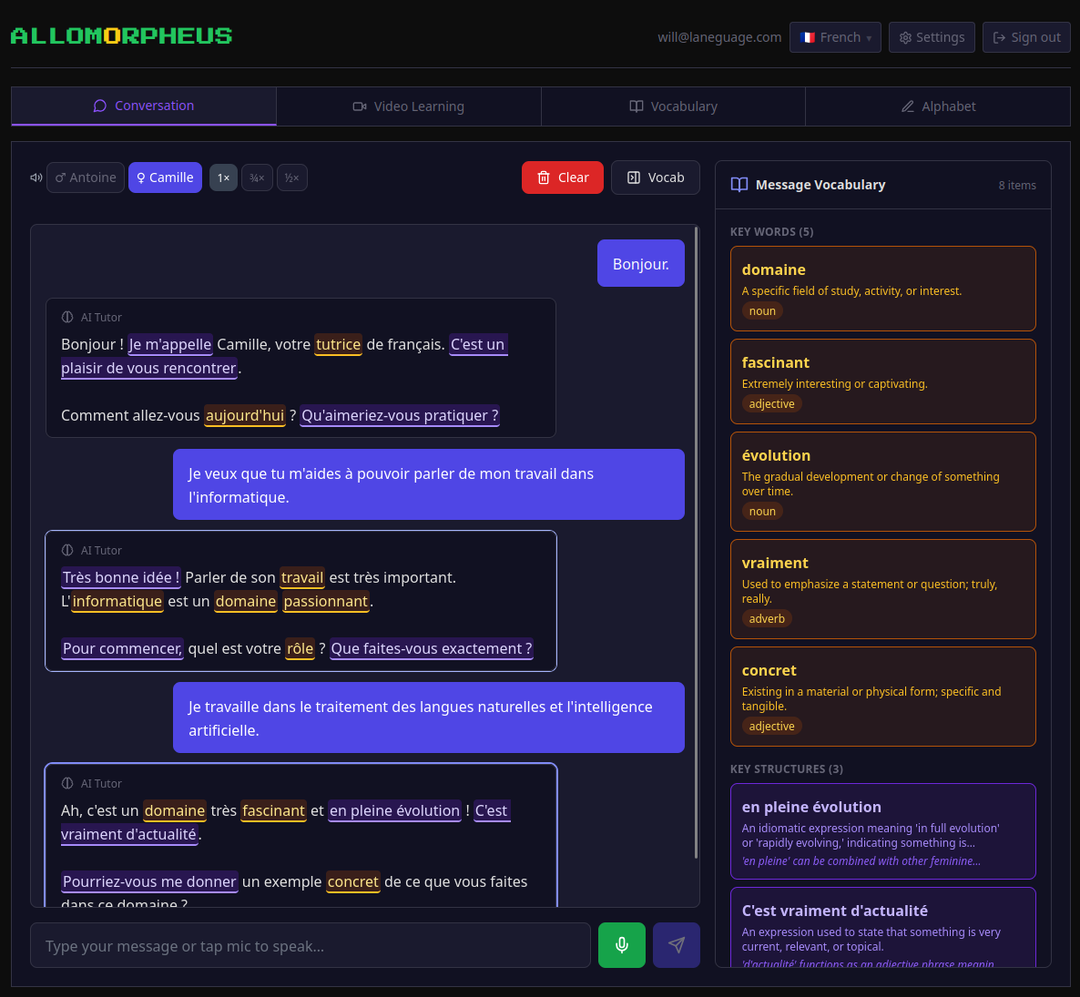 AI conversation with live vocabulary sidebar