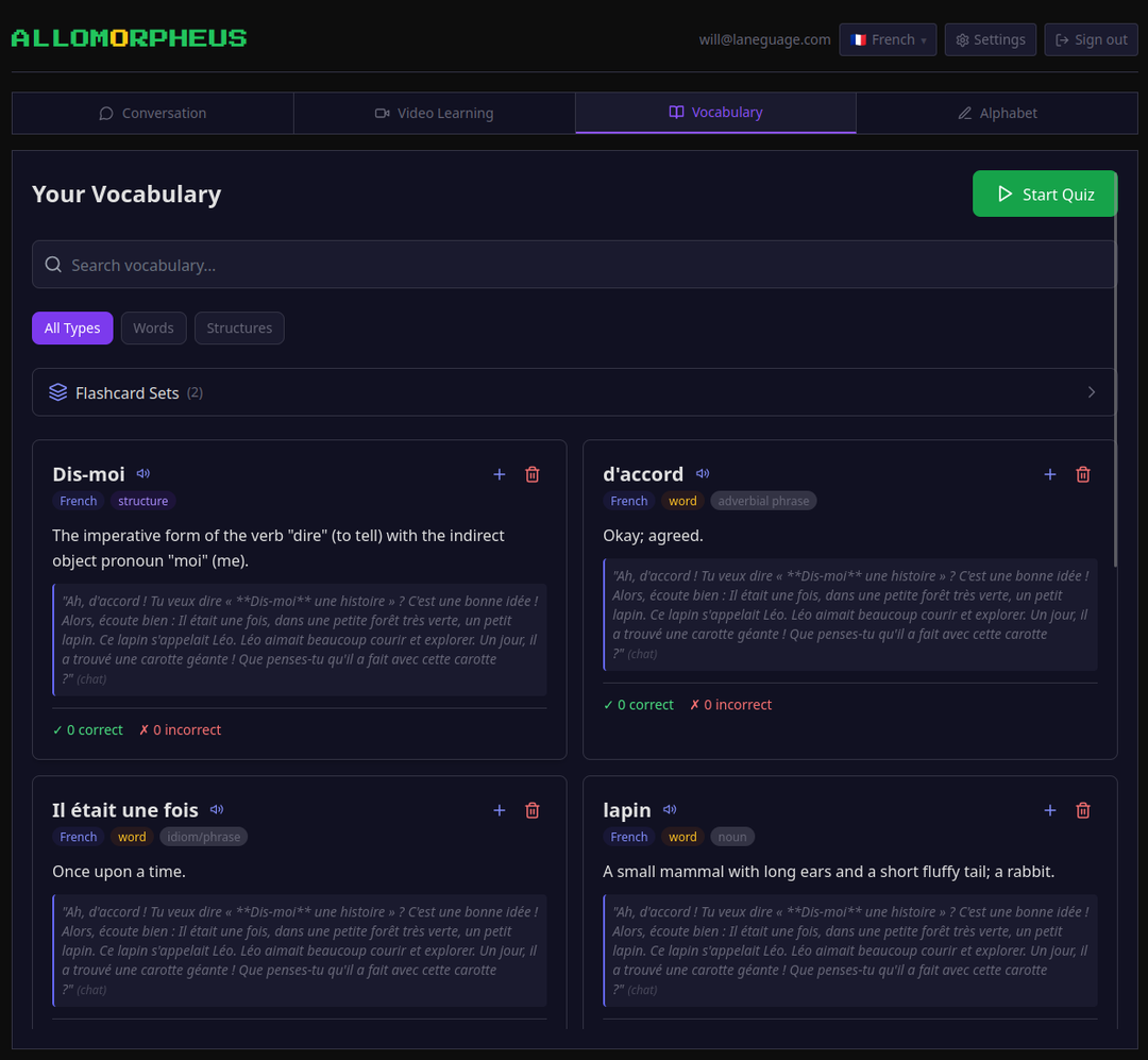 Lexicon vocabulary collection and quiz builder
